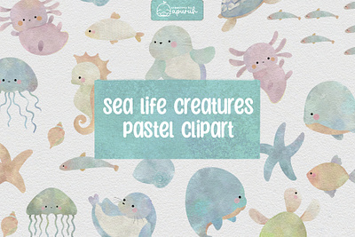 Whimsical Sea Animal Watercolor Clipart cute baby ocean animals
