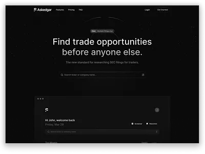 Askedgar Hero clean dark dark mode dark theme dots finance landing page mono saas landing stock ui web design