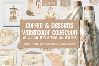 Hand-Painted Coffee & Dessert Clipart bakery children style illustration coffee and desserts creationsbyapuruh watercolor