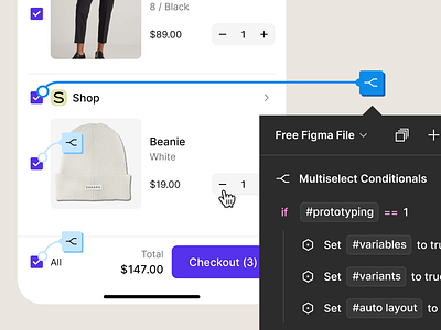 FREE Multiselect Conditionals Figma Prototyping with Variables advanced prototyping cart community conditionals prototyping conditions ecommerce education figma figma file figma tutorial free freebie multi select multipe prototype select variables variants