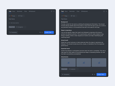 Dark Mode Task Management UI actual result attachments bugreport create task create task button dark mode darkmode expected result project management reported field task description input task manager tab task name input taskinput taskmanager tasks taskui templates button uitemplate uxdesign