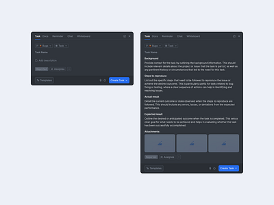 Dark Mode Task Management UI actual result attachments bugreport create task create task button dark mode darkmode expected result project management reported field task description input task manager tab task name input taskinput taskmanager tasks taskui templates button uitemplate uxdesign