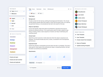 Task Management Tool attachments bugreport bugs clickup create task button duplicate option management tool priority levels productivitytools project management streamline tasks task management task managers task types menu taskcreation taskinput taskmanager templates testing user list