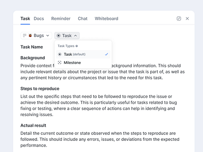 Task Type menu configure dropdown custom task types data types docs drop down dropdown dropdown lists modifying dropdown lists task task configuration task items task list management task managers task type dropdown task type list task type menu task type selection task types tasks template data types