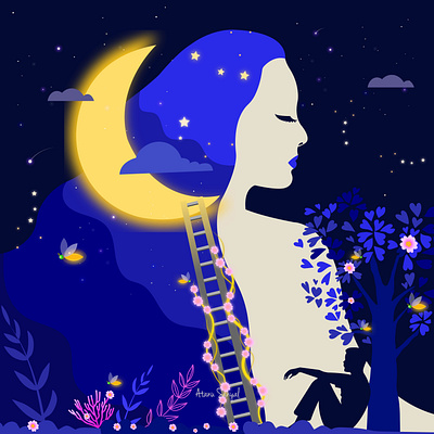 Blue lady moon alone atanu blue boy dark flat flowers love moon nature night sanyal sky stair stars tree