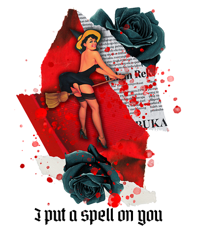 PINUP WITCH canva collage design graphic design halloween illustration layering magazine retro roses t shirt design typography vintage witch