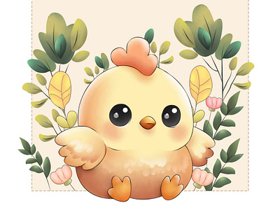 Adorable Chicken in Blooming Greens animal bird chicken chubby design digital art graphic design illustration kawaii nature pastel photoshop spring wacom whimsical