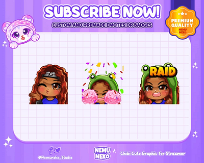 🐸Custom Chibi Cute Girl Emotes🐸 animation branding chibi emotes cute emotes design frog graphic design illustration logo open commission twitch emotes