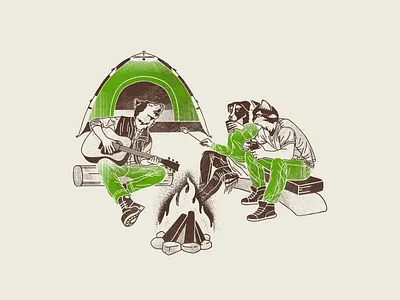 Illustration for biofuel brand | Studio Suprasoul agency brand illustration branding campfire camping cat character design design dog friends graphic design guitar identity illustration packaging sustainability tent visual design wolf