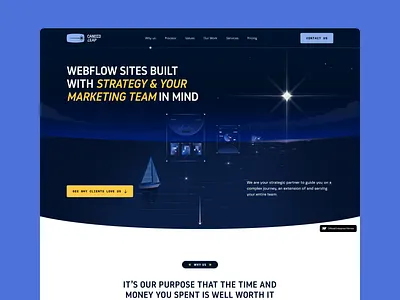 Webflow development agency site | Studio Suprasoul agency agency website brand illustration branding calm dark mode graphic design illustrated landing page illustration landing page design navigate night scene sailing sea ship stars strategy ui web design webflow agency