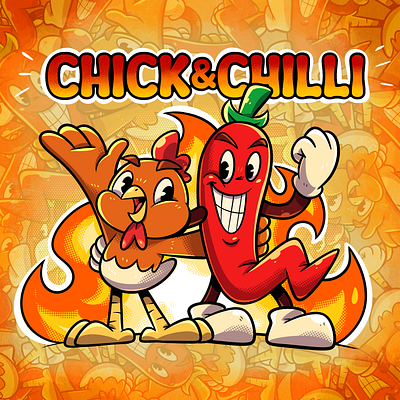 Chick and Chilli Cartoon Mascot Retro animal artwork branding cartoon character chicken chilli culinary design fire fnb food graphic design hot illustration logo spice vector visualarts