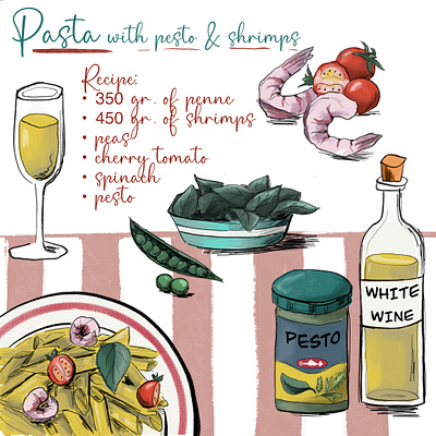 Сooking recipe branding cooking recipe food graphic design idea illustration menu pasta prawn recipe wine
