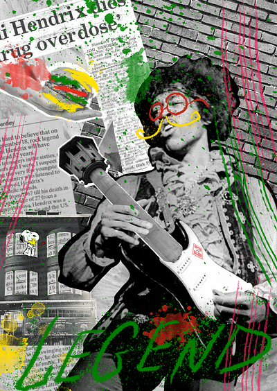 Hendrix's collage artist brick wall bricks collage graphic design guitar illustration jimmy hendrix street streetart