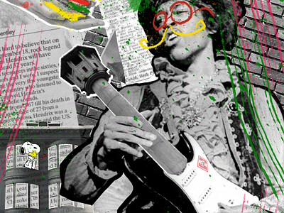 Hendrix's collage artist brick wall bricks collage graphic design guitar illustration jimmy hendrix street streetart