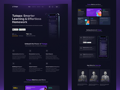 Tutopa - AI Conversational Homework Assistant Landing Page ai android app application best dark design education hire interface ios landing page learning minimal mobile modern ui ux