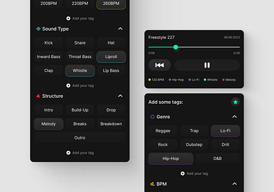 beatbox.companion #03 app design application clean ui creative structure dark mode dark theme inspiration mobile app mobile design music player player product design recorder tag system taging trend trend 2024 trendy ui