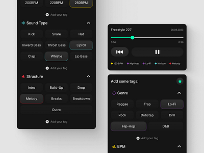 beatbox.companion #03 app design application clean ui creative structure dark mode dark theme inspiration mobile app mobile design music player player product design recorder tag system taging trend trend 2024 trendy ui