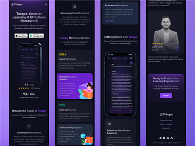 Tutopa - AI Conversational Homework Assistant Landing Page android application apps dark mode design interface ios landing page mobile nazmul shanto purple responsive ui ux