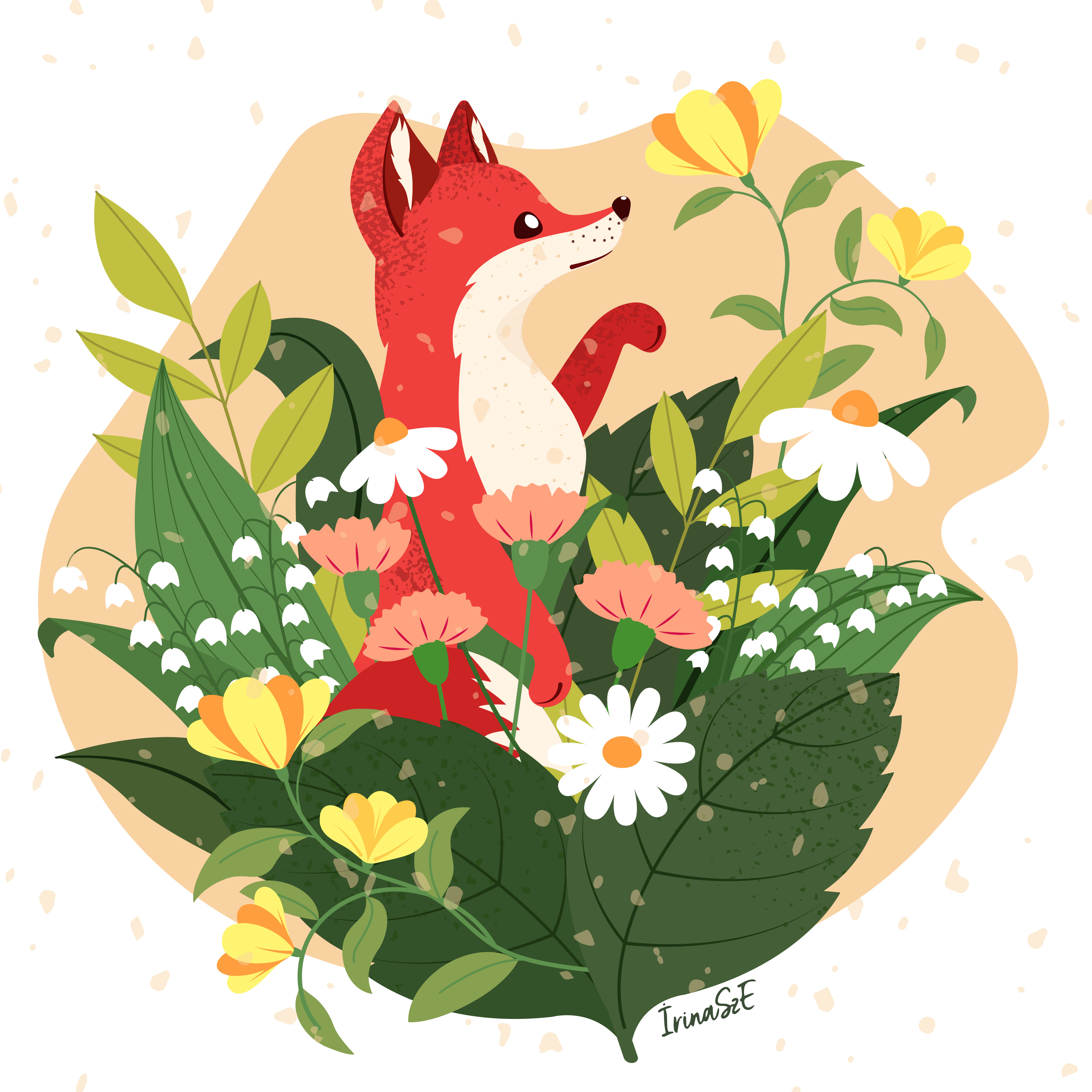 Dancing garden - vector illustration amazing beautiful flowers blossom carnations colorful curious fox cute daisy floral illustration flower fox fun garden kids lily of the valley nature red fox spring summer vector illustration