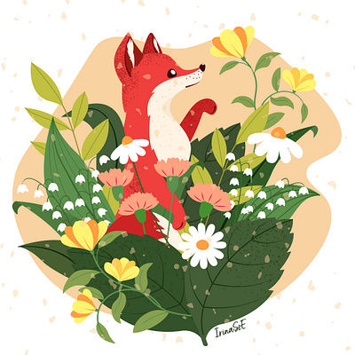 Dancing garden - vector illustration amazing beautiful flowers blossom carnations colorful curious fox cute daisy floral illustration flower fox fun garden kids lily of the valley nature red fox spring summer vector illustration