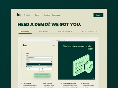 #22 - Ruul Demo contractor demo desktop finance fintech freelance green guide help minimalist product design product tour saas startup support tabs ui user demo ux web design