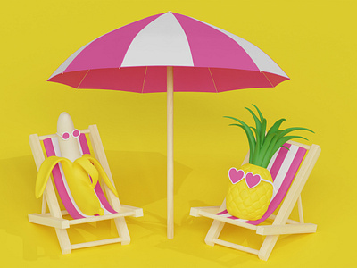 Fruit Characters Under Beach Umbrella 3D Summer Illustration 3d banana beach umbrella blender blender3d illustration pineapple relax resting summer summer time sunbath vacation