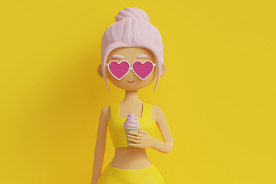 Female Character with Ice Cream 3D Illustration 3d 3d illustration blender blender3d female female character girl girl 3d ice cream ice cream 3d illustration summer summer illustration summer time sunglasses yellow
