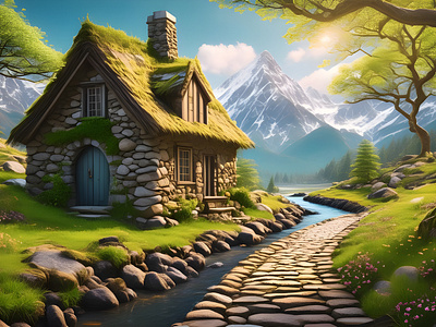 Beautiful cozy fantasy stone cottage in a spring forest aside a 3d