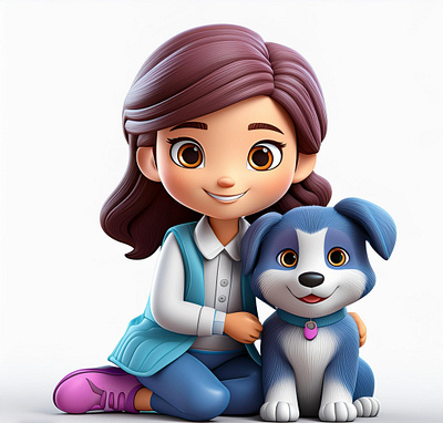 3D cute girl with her puppy 3d