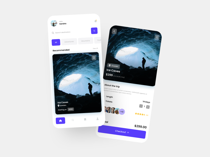 Travelling app UI/UX adventure app app design blue blur cave design explore figma inspire mockups mountain oceans planet project purple travel ui ux