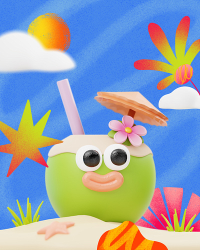 Happy Coconut 🥥🌴 3d 3d design 3d illustration artwork blender blender3d coconut design graphic design illustration pink procreate texture tropical
