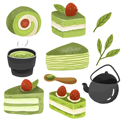 Matcha Element Illustration branding cafe cake design dessert drink element food food illustration green tea illustration japan latte matcha menu restaurant strawberry sweet ui vector