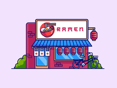 Japanese Ramen Stall🍜⛩️🏮 bikecycle bowl branding building chopstick doodle egg food grass icon illustration japan lamp logo menu noodle ramen restaurant stall vector