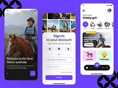 Horse Ride Academy App Design academy app app design app ui app ux branding dashboard horse ride app learning app login app login page login page design modern theme onboarding design onboarding screen online class thisuix trending app design trending design