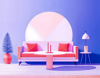 A modern pink sofa with red cushions branding desiogn flower illustarion sofa ui