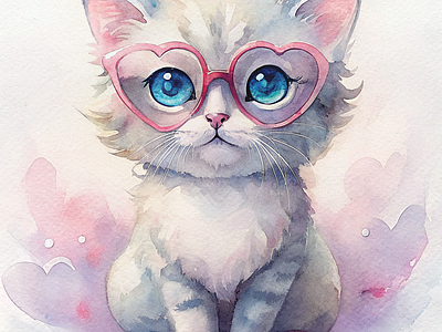A charming kitten with heart shaped glasses watercolor painting animation graphic design
