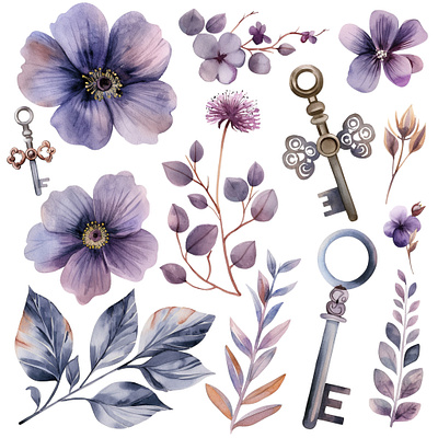 Vintage Keys and Flowers Clipart boho botanical illustration floral design illustration purple rustic vintage watercolor