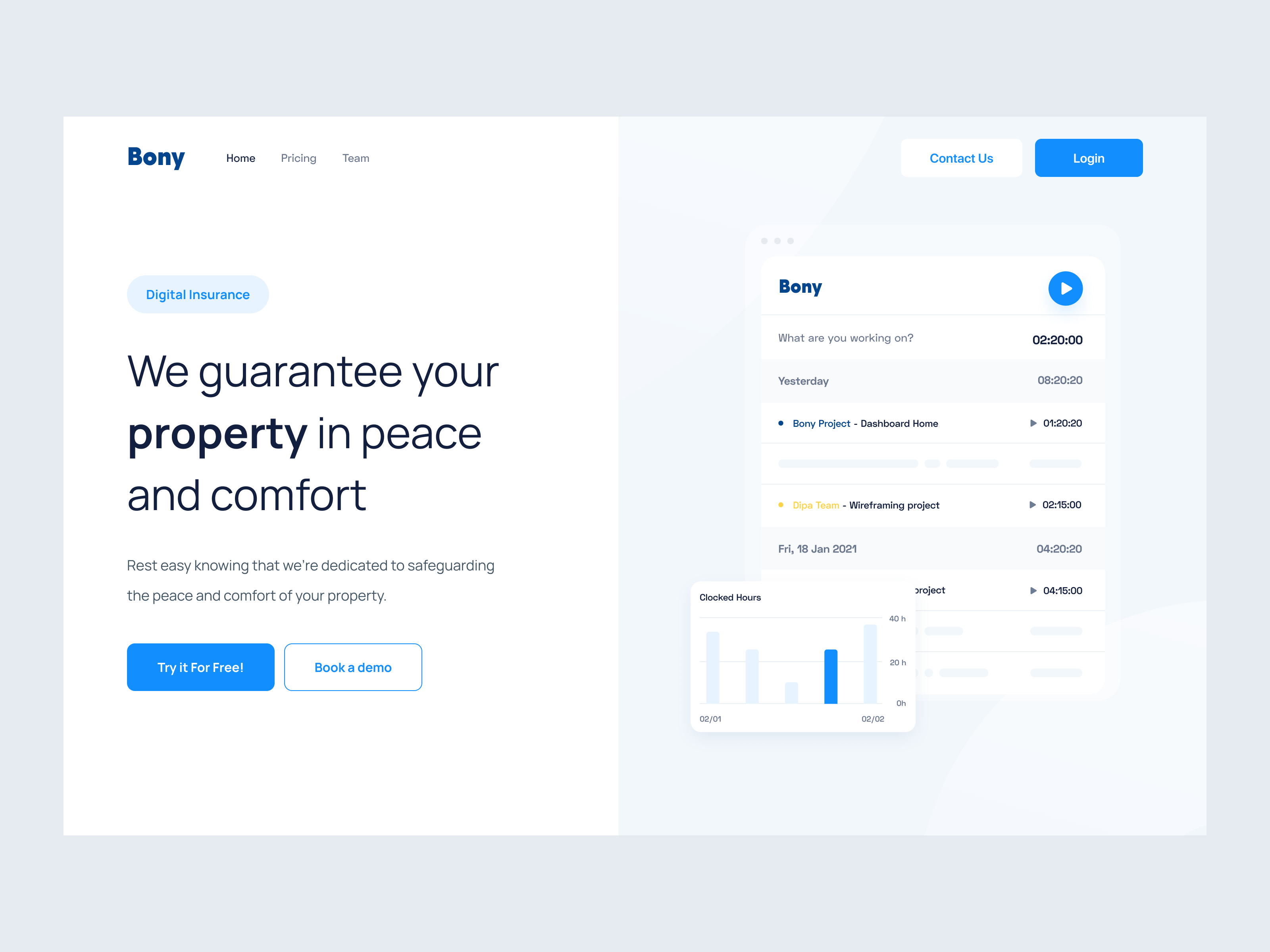 Bony - Construction Insurance Landing Page agency b2b clean construction insurance digital insurance dipa inhouse hero hero section insurance landing page minimal modern saas startup ui web web design website