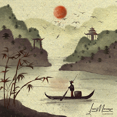 A boat on the river boat chinese chinese landscape graphic design illustration lanscape procreate red sun river