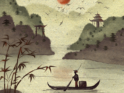 A boat on the river boat chinese chinese landscape graphic design illustration lanscape procreate red sun river