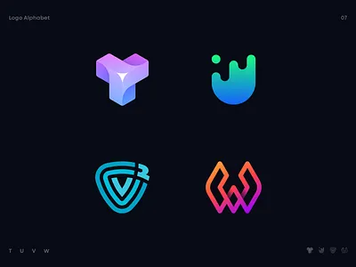 Logo Alphabet 07 - T, U, V, W ai blockchain branding gradient icon identity learning lepisov letter lettering logo machine medtech model saas t tech u v w
