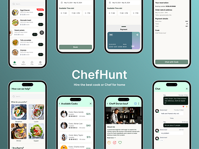 ChefHunt - hire cook or chef for home app booking chef cook delivery design figma food glovo home food market research prototyping ui user flow user persona user research ux wireframes wolt