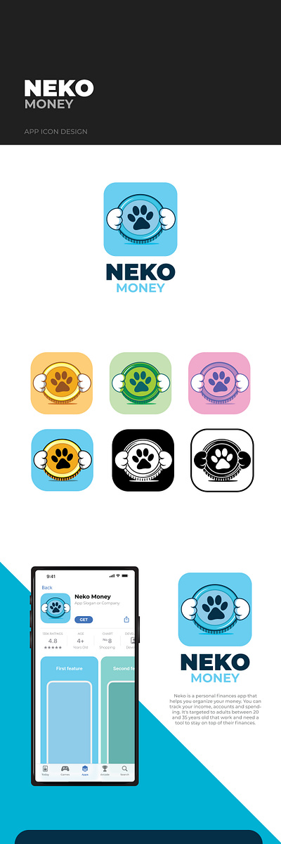 App Icon Design for E-Wallet app app icon blue cat coin flat icon logo mockup money neko paw