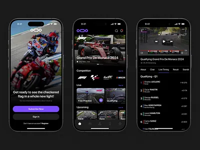 OQO - Racing Streaming Mobile App app banner black competition dark dark mode design home page leaderboard live mobile onboarding platform purple racing standings streaming ui ui design video