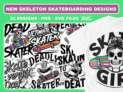 2024 new skeleton skateboarding print on demand designs 2024 bundle design pack designs graphics high resolution png pngs pod print on demand shirt skate boarding skateboard skateboarding skating skeleton skull svg svgs t shirt