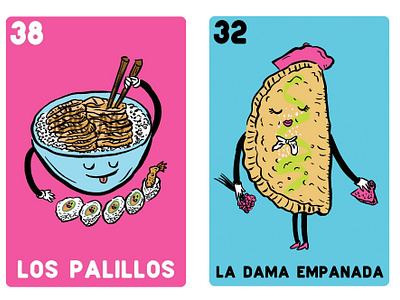 DTPHX Loteria Cards card game chicano empanada hand drawn illustration loteria mexican posters restaurant southwest sushi teriyaki