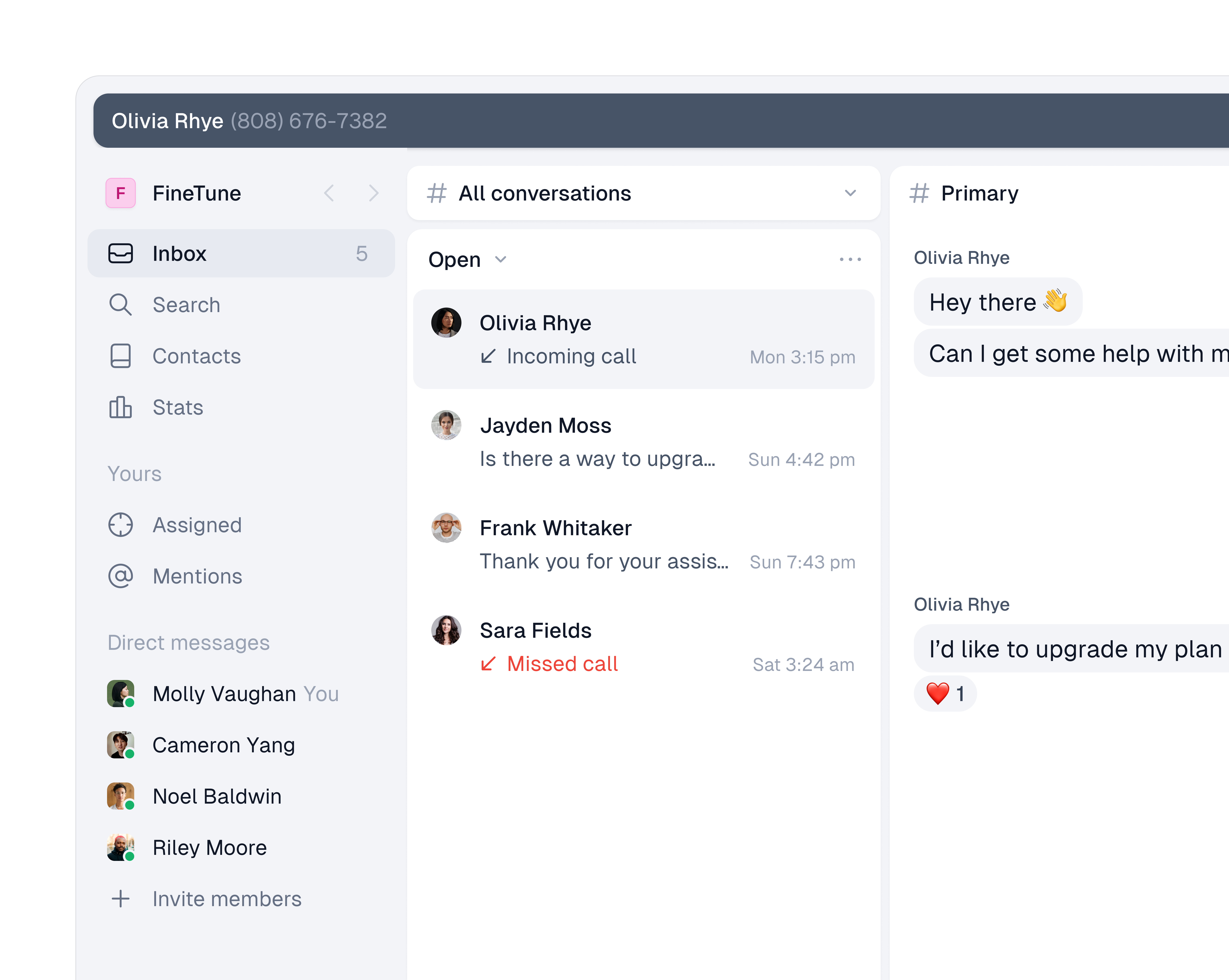 Inbox conversations call chat clean desktop email invite list menu messages minimal modal navigation product design saas search sidebar simple ui ux web app
