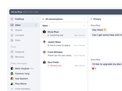 Inbox conversations call chat clean desktop email invite list menu messages minimal modal navigation product design saas search sidebar simple ui ux web app