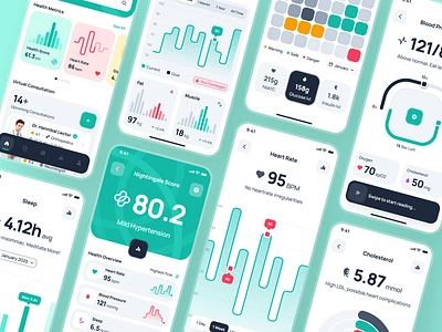 nightingale UI Kit: AI Medical & E-Pharmacy App | Health Metrics ai health companion blood pressure blood pressure app doctor app figma ui kit health metrics health monitoring app health tracker app healthcare app medical app minimal patient app pharmacy app sleep app steps app teal telehealth app ui kit virtual care virtual health