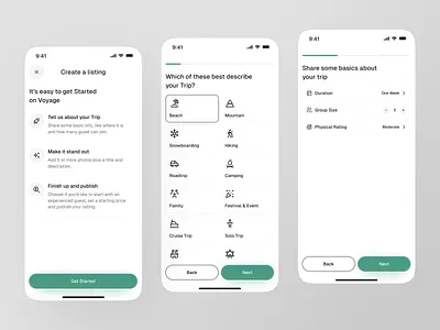 Voyage - Travel App [Create Listing] adventure app travel booking booking app card clean concept culture design guide listing mobile mobile app stepper tour guide travel travel app ui ux vacation